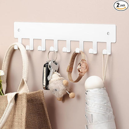 pickpiff 1 Pack Key Holder for Wall Adhesive, Key Hooks with 8 Hooks Wall Mounted, Key Hangers for Decor No Drill for Living Room, Kitchen, Office, White