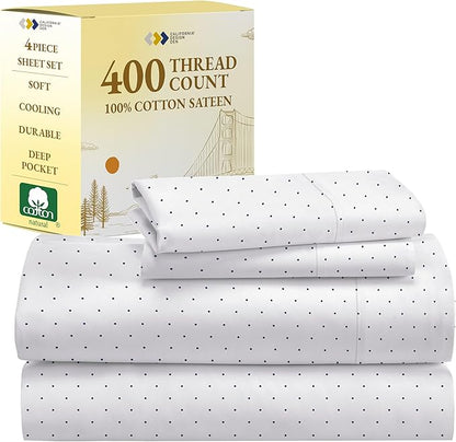 California Design Den Queen Sheet Set - 400 Thread Count Sateen, Natural 100% Cotton Sheets for Queen Size Bed, Deep Pocket Cooling and Durable Bedding - Polka Dot