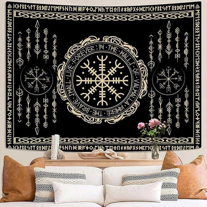 OSUNBD Nordic Vikings Tapestry Large 118x78inches Soft Flannel Vegvsir Symbol Amulet Celtic Rune Scandinavian Aesthetic Mythology Tapestry Wall Hanging for Bedroom Living Room Decor