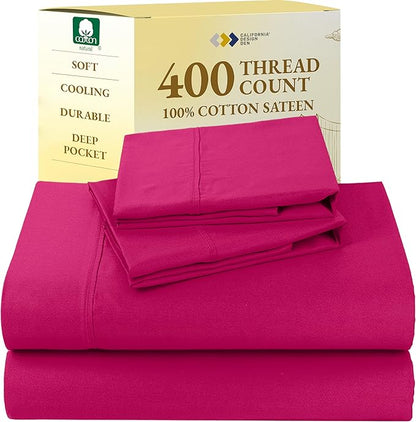 California Design Den Queen Bed Sheets Set - 400 Thread Count Sateen, Natural 100% Cotton Queen Size Sheet Set, Deep Pockets with All Around Elastic, Soft, Cool and Durable Bedding - Hot Pink