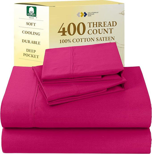 California Design Den Queen Bed Sheets Set - 400 Thread Count Sateen, Natural 100% Cotton Queen Size Sheet Set, Deep Pockets with All Around Elastic, Soft, Cool and Durable Bedding - Hot Pink