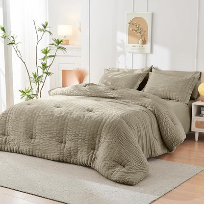 HYMOKEGE Linen Queen Comforter Set Seersucker 7 Pieces, All Season Luxury Bed in a Bag Queen for Bedroom, Bedding Set with Comforter, Sheets, Pillowcases & Shams