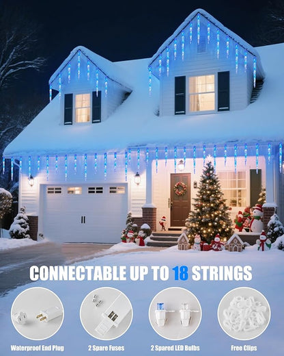 Minetom Icicle Lights Outdoor with Clips, 20ft 100 LED 20 Tubes Twinkling Icicle Strings Connectable Waterproof Hanging Christmas Lights Plug in for Eave Outdoor, Blue and White