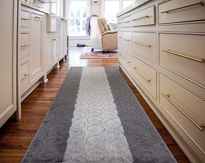Custom Size Modern Runner Rug Carpet for Hallway Entryway Foyer Kitchen, Slip Resistant Latex Rubber Backed 31 inch Wide X Customized Length, Scroll Grey, 31 inch X 5 feet