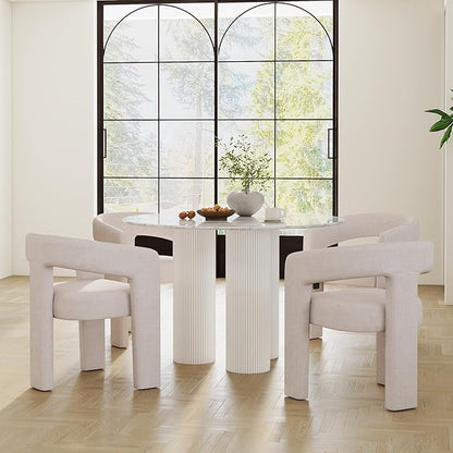 Modern Barrel Dining Chairs Set of 2, Linen Upholstered Accent Side Chair with Arms Comfy Makeup Vanity Chairs, Dining Living Room Kitchen Chairs, Beige