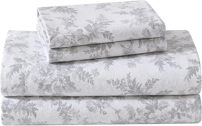Laura Ashley - Flannel Sheets Queen Size, Anti-Pilling & Wrinkle Resistant Cotton, Touchably Soft for All-Season Comfort - Bed Sheets with Matching Pillowcases & Fitted Sheet (Vanessa Grey)