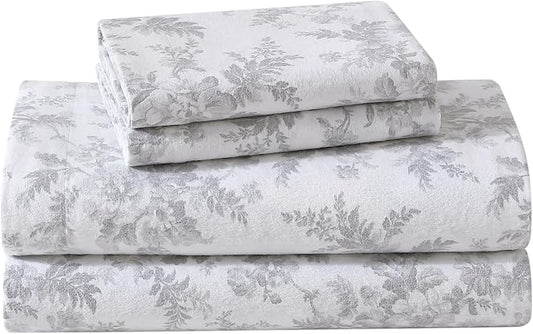 Laura Ashley - Flannel Sheets Queen Size, Anti-Pilling & Wrinkle Resistant Cotton, Touchably Soft for All-Season Comfort - Bed Sheets with Matching Pillowcases & Fitted Sheet (Vanessa Grey)