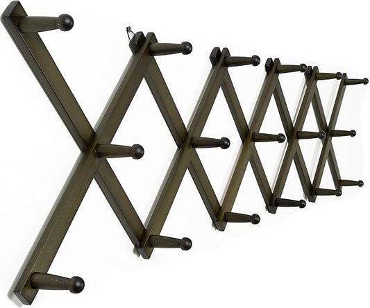 WEBI Accordion Wall Hanger,Expandable Wooden Hat Rack for Wall Mounted Coat Rack,Accordion Hat Hooks Holder for Baseball Caps,17 Peg,Dark Walnut