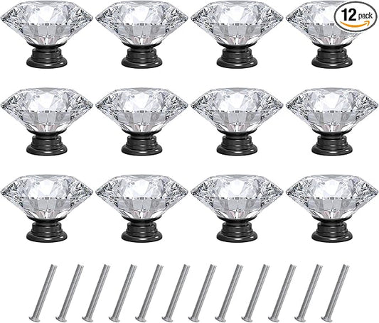 Tomorotec 12-Pack 40mm White Crystal Glass Cabinet Drawer Pull with Black Base for Modern & Classic Styles, Easy-to-Install Elegant Home Decor Upgrade with Durable Hardware for Vanity, Wardrobe, Desk