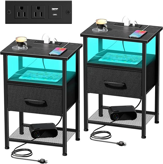 Nightstands Set of 2 with Charging Station and Drawer, End Table Bedside Table with 20 Colors LED Light Strip and 2 Layers Shelf for Bedroom Living Room Sofa Couch (Black)