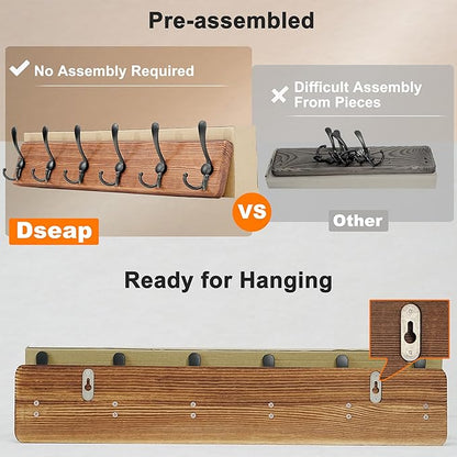 Dseap Coat Rack Wall Mounted - 24" Long 6 Tri Hooks, Heavy Duty Wooden Wall Coat Hanger Coat Hook for Clothes Hat Jacket Clothing, White and Black