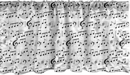 Ambesonne Music Window Valance, Abstract Style Professional Pattern Notes and Clef Sheet Play Writing Print, Curtain Valance for Kitchen Bedroom Decor with Rod Pocket, 54" X 18", Black White