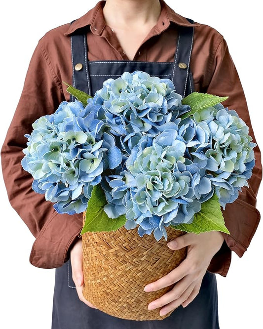 Light Blue Flowers Hydrangea Artificial Flowers, 4PCS 21" Latex Real Touch Vintage Lifelike Silk Flowers,Faux Hydrangea Bouquet Fake Flowers for Wedding Centerpieces Tables Party Outdoor Home
