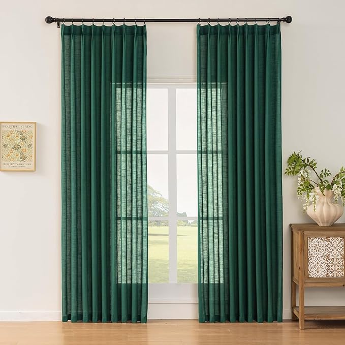 Emerald Green Linen Pinch Pleated Sliding Door Curtains Semi Sheer, 2x50 Inches Width, Hunter Light Filtering Drapes 90 Inches Long, Dark Textured Farmhouse Window Curtain Panels