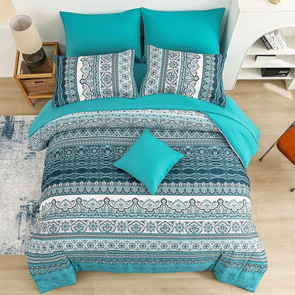 Cottolester Boho Queen Comforter Set 8 Pieces, Teal Comforter Bohemian Striped Bed in A Bag,Soft Microfiber Bedding Set for All Seasons