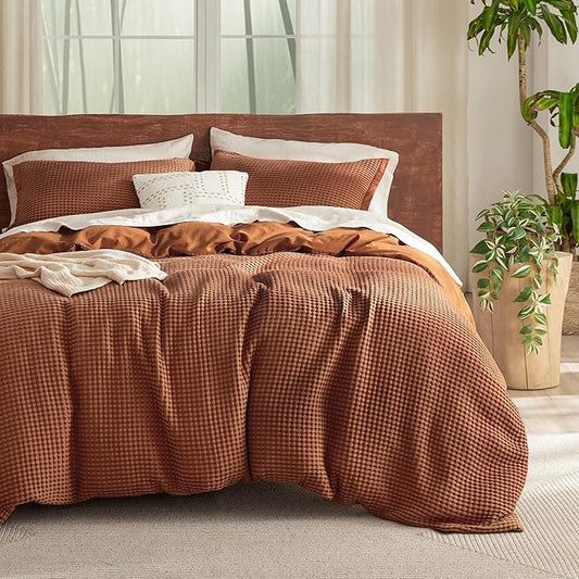 Bedsure Cooling Waffle Duvet Cover King - Cotton Blend Rayon Derived from Bamboo Duvet Cover Set for Hot Sleepers, Breathable Bedding Set with a Vintage Charm, 3 Pieces (Burnt Orange, King, 104"x90")