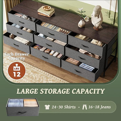 Huuger 63 Inch Dresser for Bedroom, Dresser for Closet with 9 Drawers, Large TV Stand for 55, 65, 70 Inch TV, Entertainment Center with Storage, Wide Long Chest of Drawers, Walnut and Dark Grey