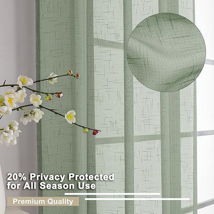 Aiyufeng Kirei 36 Inch Sage Green Linen Sheer Curtains - Faux Linen Semi Transparent Window Drapes Privacy UV Protection Short Curtains for Living Room, Home Office, Car, Kitchen, 30Wx36L, 2 Pcs
