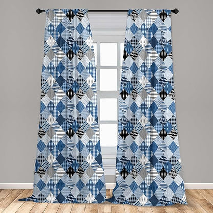 Ambesonne Geometric Window Curtains, Geometrical Diamond Shaped Lines with Various Nostalgic Fashioned Old Pattern, Decorative Panels Set of 2 with Rod Pocket, Pair of - 28" x 63", Black Blue