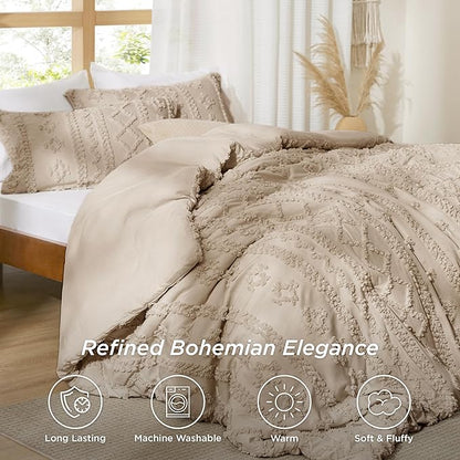 Bedsure Tufted Boho Comforter Set Oversized King - Khaki Boho Bed Set, GentleSoft™ 3 Pieces Farmhouse Shabby Chic Embroidery Bedding, Gifts for Woman, Soft Jacquard Comforter for All Seasons