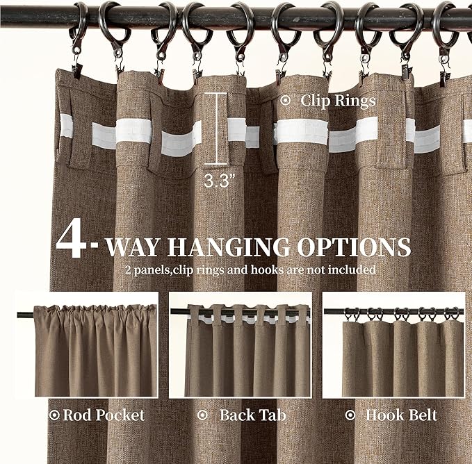 KangBang Extra Long Brown Blackout Curtains 120 Inches Long, Hook Belt Back Tab Pleated 2 Panels Energy Saving Morden Linen Drapes with Clip Rings for High Windows 52 Inch Wide by 120 Inch Length