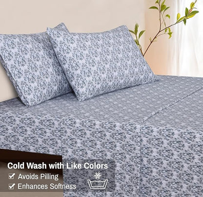 RUVANTI Flannel Sheets Queen Size - 100% Cotton Double Brushed Bed Sheets, Deep Pockets 16 Inches Queen Sheet Set, All Seasons Breathable & Extra Soft - Warm & Cozy, 4 Piece, Damask