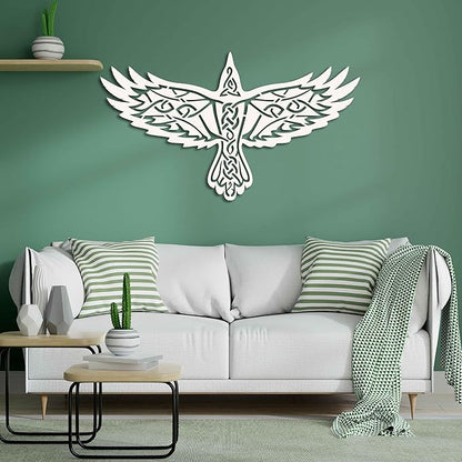 KAWA METALWORKS Nordic Viking Raven Metal Wall Art Decor, Norse Mythology Sculpture, Odin's Raven Wall Decor (White, Small - 10.2" x 18" H x W)