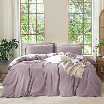 MooMee Bedding Duvet Cover Set 100% Washed Cotton Linen Like Textured Breathable Durable Soft Comfy (Solid Taro Purple, Super King 108"x98")