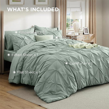 Bedsure Oversized King Comforter Set Sage Green - Bed in a Bag Bedding Set 7 Pieces, GentleSoft™ Pintuck Bed Set Gift for Family, Pinch Pleat Sage Green Comforter with Sheets, Pillowcases & Shams