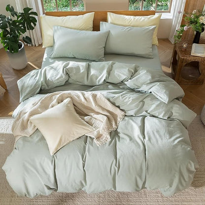 MooMee Bedding Duvet Cover Set 100% Washed Cotton Linen Like Textured Breathable Durable Soft Comfy (Heathered Sage Green, Alaska King 132"x120")