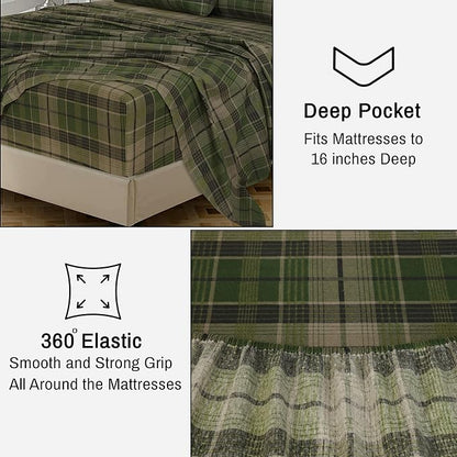 RUVANTI Flannel Sheets King Size - 100% Cotton Brushed King Size Sheets Set - Deep Pockets 16 Inches Bed Sheets - All Seasons Breathable & Extra Soft - Warm & Cozy, 4 Piece, DNA Plaid