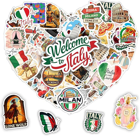 100 Pieces Italy Sticker Italian Travel Stickers Vinyl Waterproof for Kids Adults Car, Wall Decor Decal, Hard hat Scrapbook Laptop Phone Birthday Christmas Gift Funny