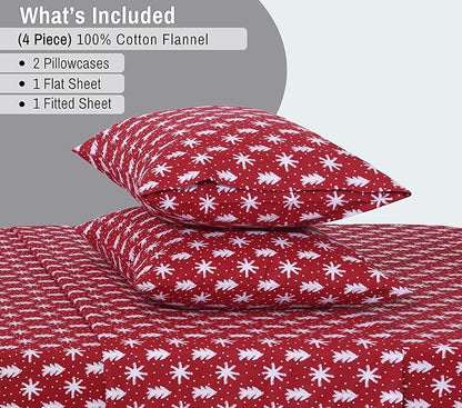 RUVANTI Flannel Sheets Full Size - 100% Cotton Double Brushed Bed Sheets Set, Deep Pockets 16 Inches, All Seasons Breathable & Extra Soft Full Sheets, Warm & Cozy, 4 Piece, Red Christmas
