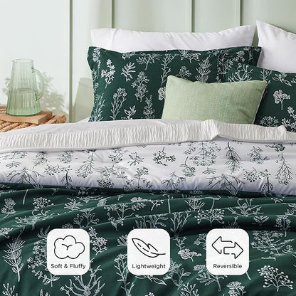 Bedsure Twin/Twin XL Comforter Set - Emerald Bed Set, 2 Pieces Cute Floral Bedding, 1 Soft Reversible Botanical Flowers Comforter and 1 Pillow Sham