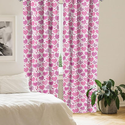 Ambesonne Valentines Window Curtains, Romantic Heart Shapes with Many Different Designs Polka Dots Crossed Lines, Lightweight Decorative Panels Set of 2 with Rod Pocket, 56" x 63", Pink White