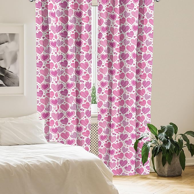 Ambesonne Valentines Window Curtains Pack of 2, Romantic Heart Shapes with Many Different Designs Polka Dots Crossed Lines, Lightweight Set with Rod Pocket, 4 Panels of - 28" x 84", Pink White