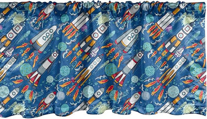 Ambesonne Spaceship Window Valance Pack of 2, Hand-Drawn Cartoon Spaceships Planets and Stars Outer Space Exploration Theme, Rod Pocket Curtain Valances for Kitchen Bedroom, 54" X 12", Violet Blue