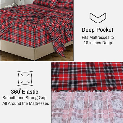 RUVANTI Flannel Sheets King Size - 100% Cotton Brushed King Size Sheets Set - Deep Pockets 16 Inches Bed Sheets - All Seasons Breathable & Extra Soft - Warm & Cozy, 4 Piece, Red Plaid