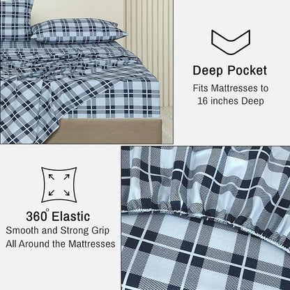 RUVANTI Flannel Sheets King Size - 100% Cotton Brushed King Size Sheets Set - Deep Pockets 16 Inches Bed Sheets - All Seasons Breathable & Extra Soft - Warm & Cozy, 4 Piece, Illusion Check