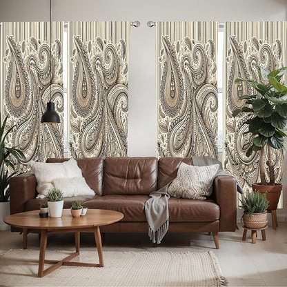 Ambesonne Paisley Window Curtains Pack of 2, Delicate Bohemian Leafy Motives on Stripes in Neutral Muted Colors, Lightweight Set with Rod Pocket, 4 Panels of - 28" x 63", Warm Taupe Ivory and Sepia