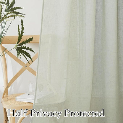 RYB HOME Linen Sheer Curtains 95 inches Long, Airy Breathable Absorbent Curtains & Drapes, Light Filter Half Privacy Protect for Sliding Door, Farmhouse, Living Room, 52" W x 96" L, 2 Panels, Sage