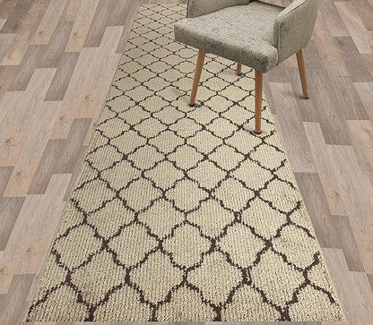 Custom Size Modern Runner Rug Carpet for Hallway Entryway Foyer Kitchen, Slip Resistant Latex Rubber Backed 31 inch Wide X Customized Length, Trellis Beige, 31 inch X 20 feet