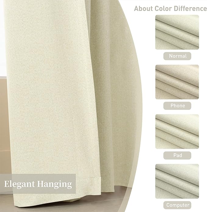 KangBang Extra Long Blackout Linen Ceiling Curtains 108 Inches Long, Sun Blocking Linen Curtains in Soft Cream Ivory, Noise Reducing Black Out Drapes for Large Window Track System,52x108 Inch,2PCs