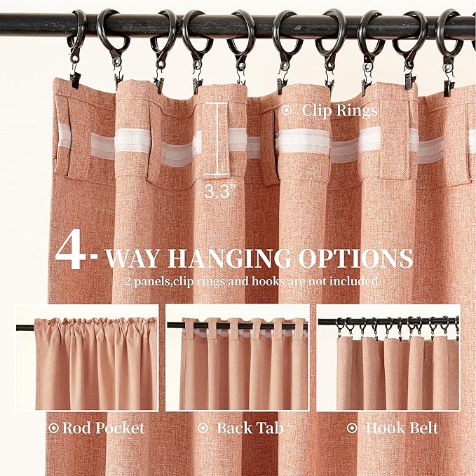 KangBang Coral Blackout Curtains 9FT Long Hook Belt Rod Pocket Black Out Linen Curtains Pinch Pleated Drapes for Cottage High Ceiling, Natural Drapes with Hooks for Track, 52x108, 2 Panels