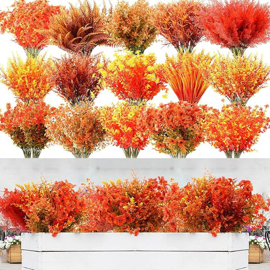 Mimorou 100 Bundle Fall Artificial Flowers Outdoor UV Resistant Autumn Orange Fake Plants Flowers Faux Plastic Greenery Decoration Shrub for Wedding Window Box Home Porch Fireplace Thanksgiving