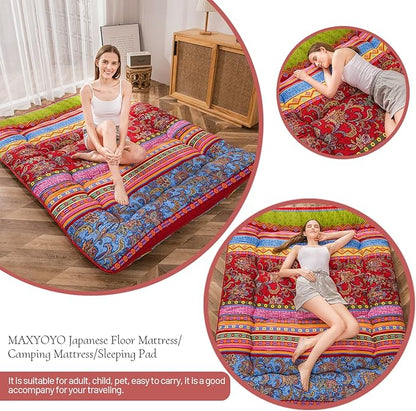 MAXYOYO Bohemian Retro Floor Mattress Vintage Floral Japanese Futon Mattress Roll Up Thicken Sleeping Bed Portable Camping Mattress Floor Lounger Couch Bed Mattress Pad, Full Size