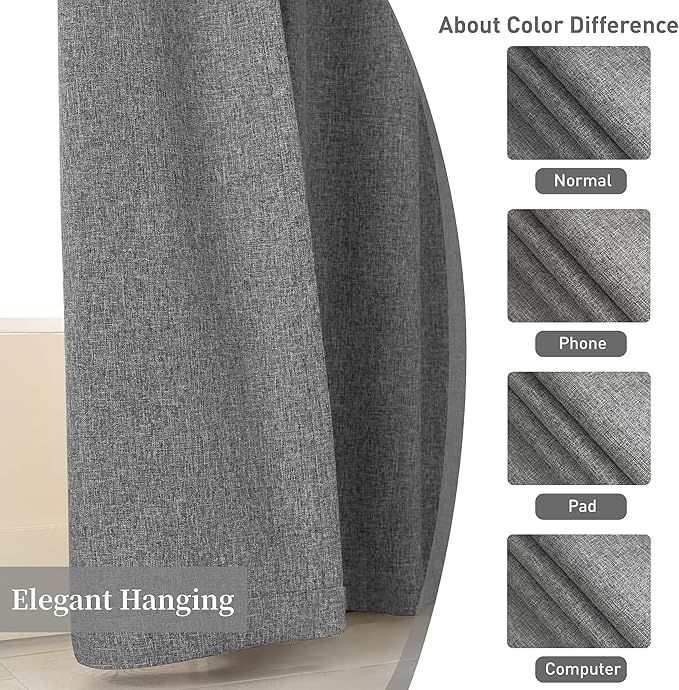 KangBang 100% Blackout Linen Curtains 72Wx84L Inch, Back Tab Room Darkening Neutral Gray Curtains for Offices Living Room, Thermal Insulated Morden Soft Thick Linen Curtains, 2 Panels