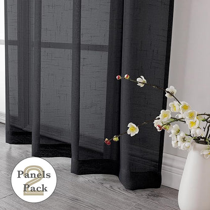 Aiyufeng Kirei Faux Linen Black Sheer Curtains 84 Inches Long 2 Panels, Light Filtering Slub Textured Breathable Rod Pocket Curtain Drapes for Farmhouse Living Room Bedroom, Each 40Wx84L Inch