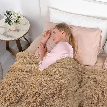 Tuddrom Decorative Extra Soft Faux Fur Throw Blanket 50" x 60",Solid Reversible Fuzzy Long Hair Shaggy Blanket,Fluffy Cozy Plush Fleece Comfy Microfiber Fur Blanket for Couch Sofa Bed,Camel