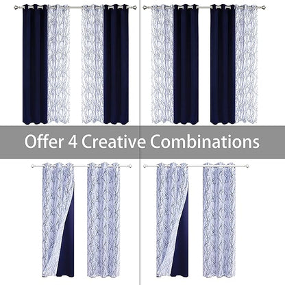 BONZER Mix and Match Curtains - 2 Pieces Branch Print Sheer Curtains and 2 Pieces Blackout Curtains for Bedroom Living Room Grommet Window Drapes, 37x95 Inch/Panel, Indigo, Set of 4 Panels